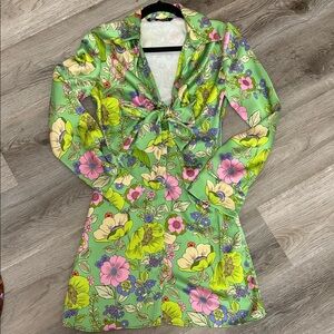 Zara Multicolored Long Sleeve Plunge Sundress